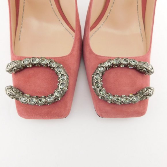 New GUCCI Crystal Tiger Snake Buckle Dusty Rose Pink Suede Leather Heel Pump 39 - Picture 4 of 9